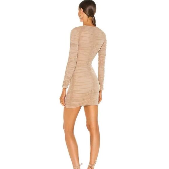 NWOT Michael Costello x REVOLVE Franky Mini Ruched Long Sleeve Nude Dress Medium - Picture 2 of 13